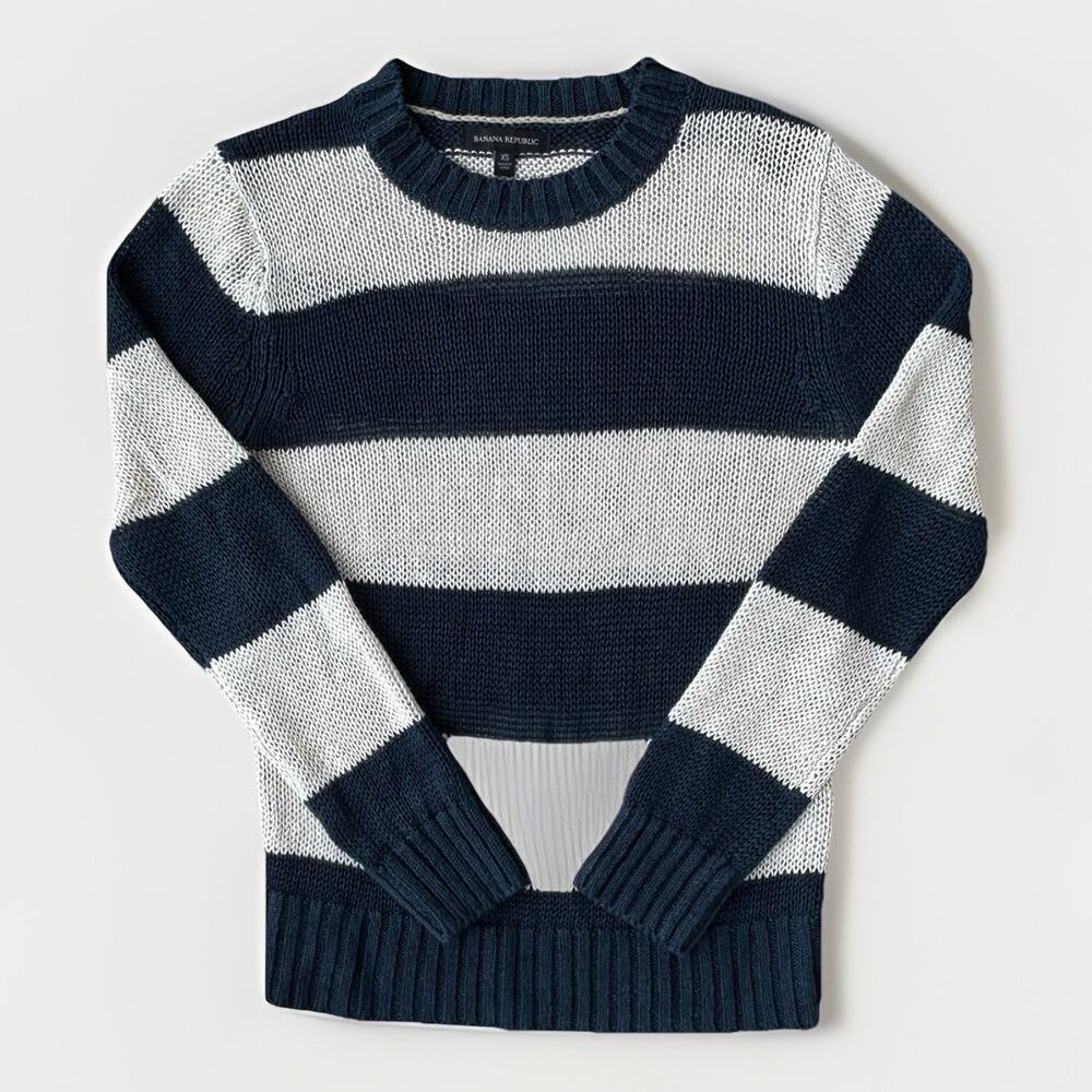Banana Republic Inland Linen Striped Sweater Women's Size XS Navy/Cream Nautical